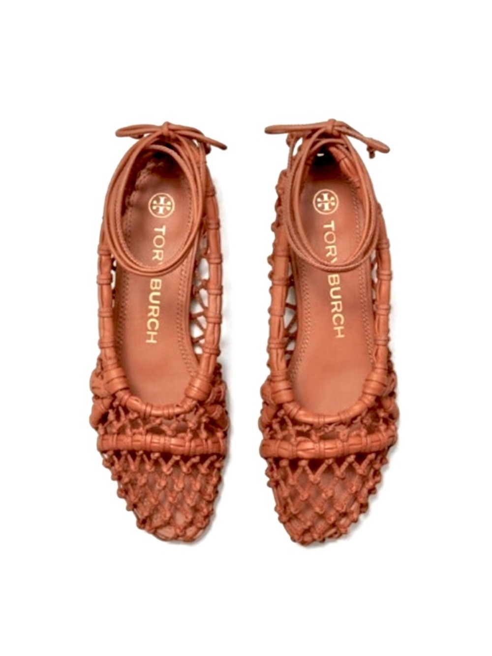 Tory Burch Helena Woven Leather Mesh Lace up Ballet Flats in Ambra Tan Size 7 M